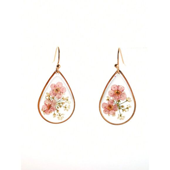 Lightwght Handpainted Pink Floral Teardrop Dangle Earrings Drop Gold Pendant New - Picture 2 of 4